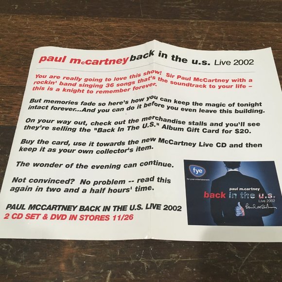 10-25-2002 The Pond Paul McCartney "Back In The US" Tour Large, BONUS - Picture 6 of 6